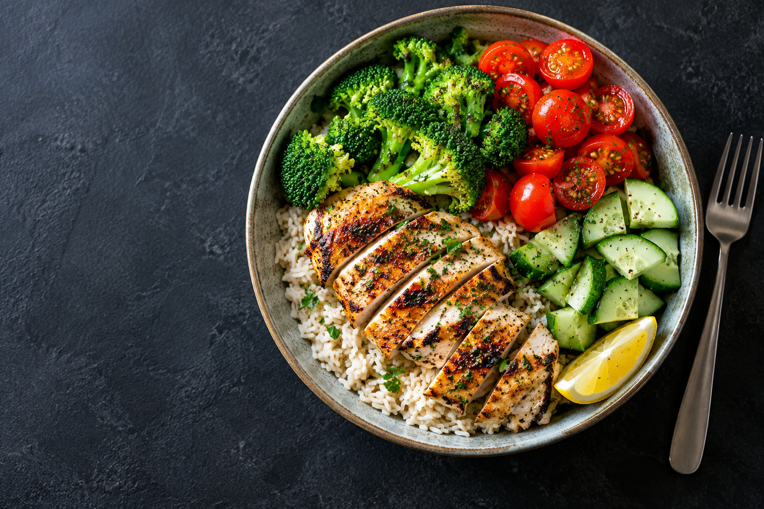 Balanced meal with grilled chicken, rice and a variety of vegetables